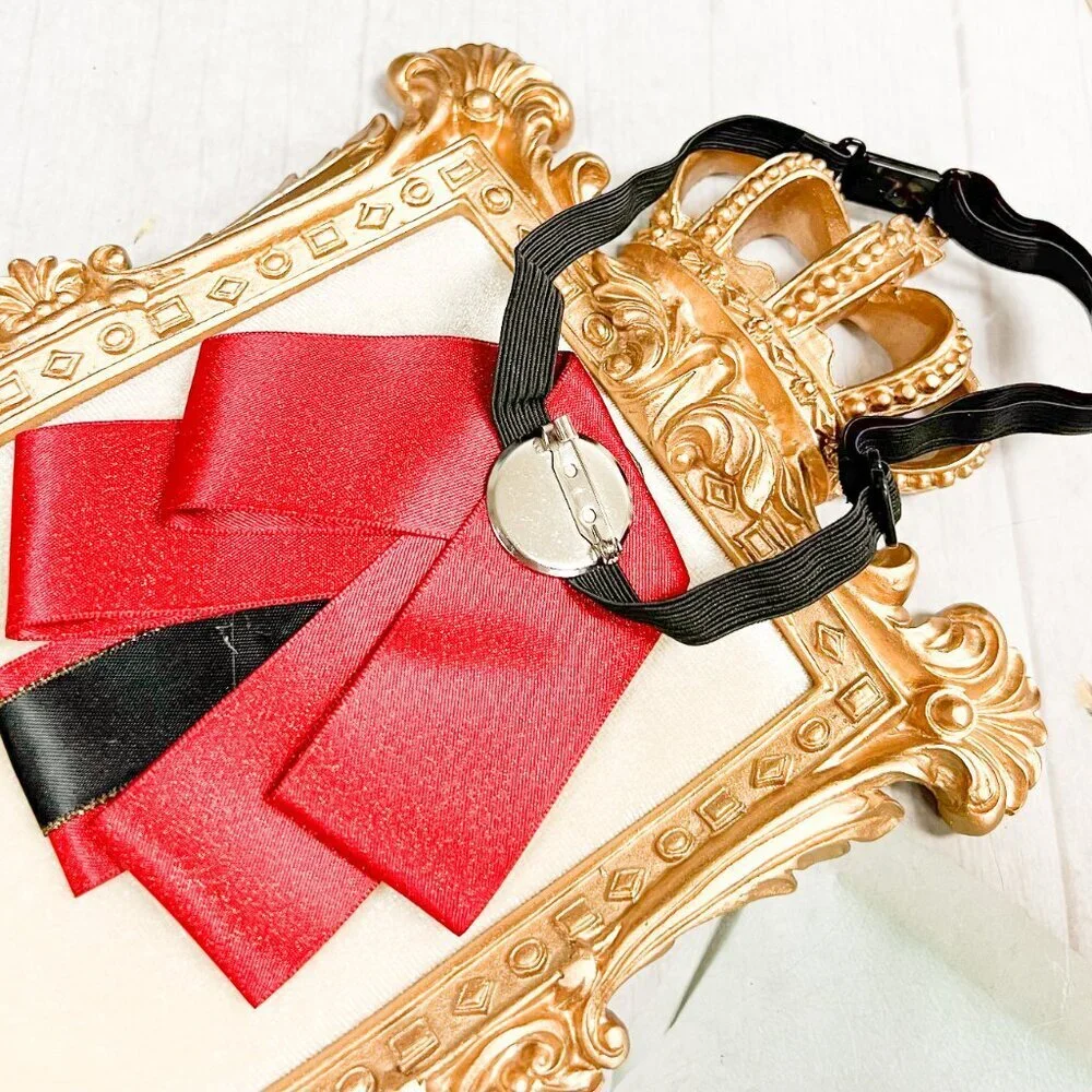Red crystal bowtie, Kid's Necktie, Black Crystal Brooch, Kids Size, 2 in 1